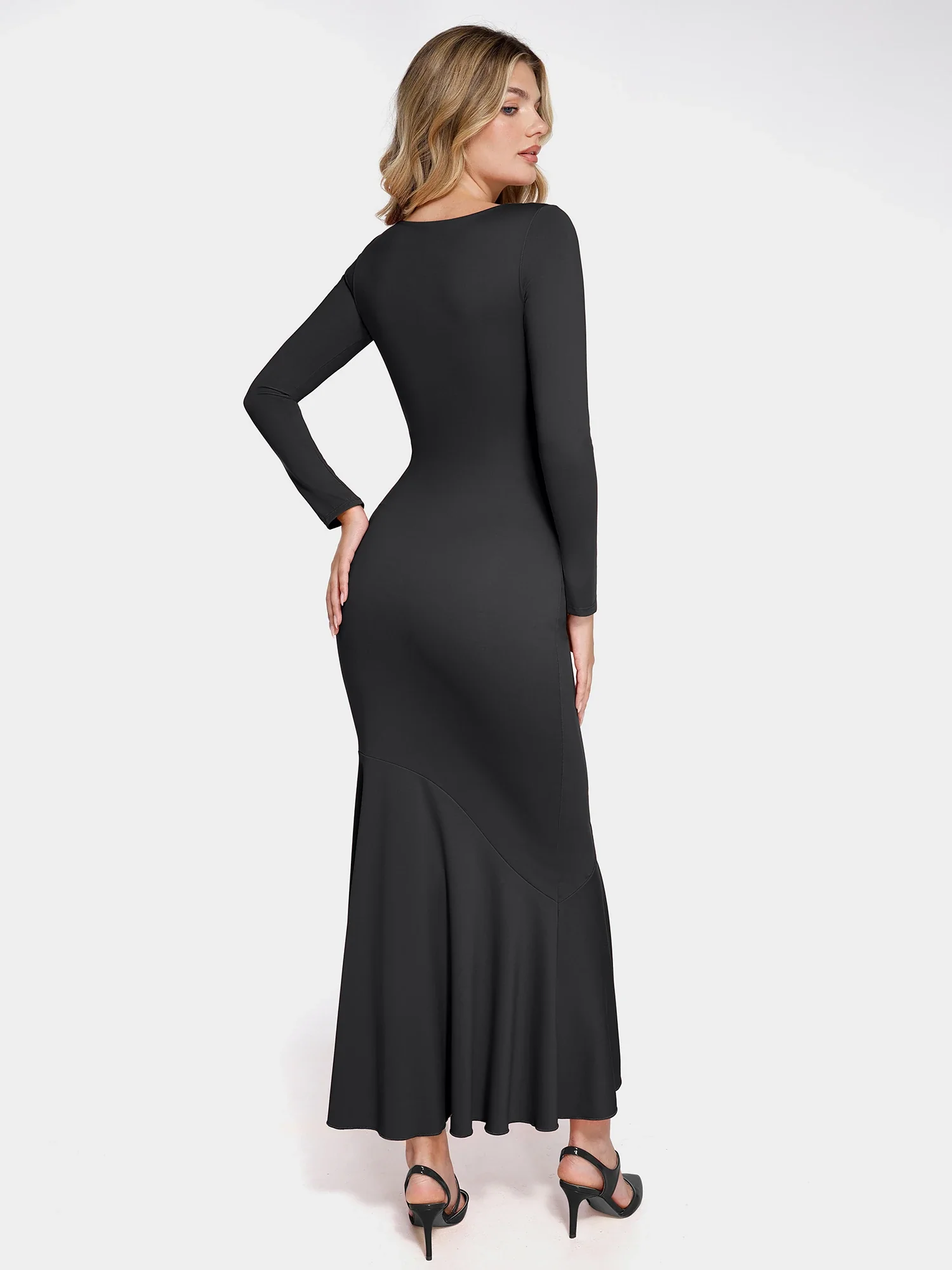 Popilush Shapewear Long Sleeve Lace Trim Sculpting Mermaid Maxi Dress - Image 4