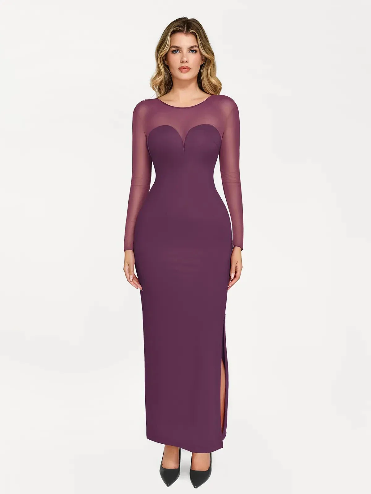 Popilush Shapewear Mesh Long Sleeve V-Back Slimming Maxi Dress - Image 10