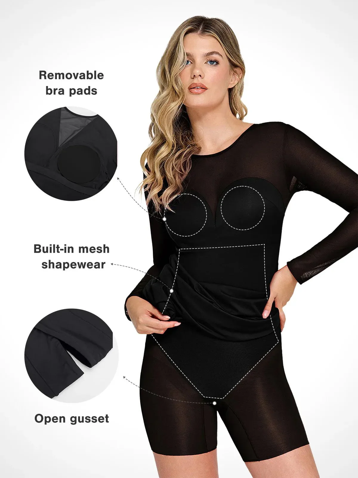 Popilush Shapewear Mesh Long Sleeve V-Back Slimming Maxi Dress - Image 15