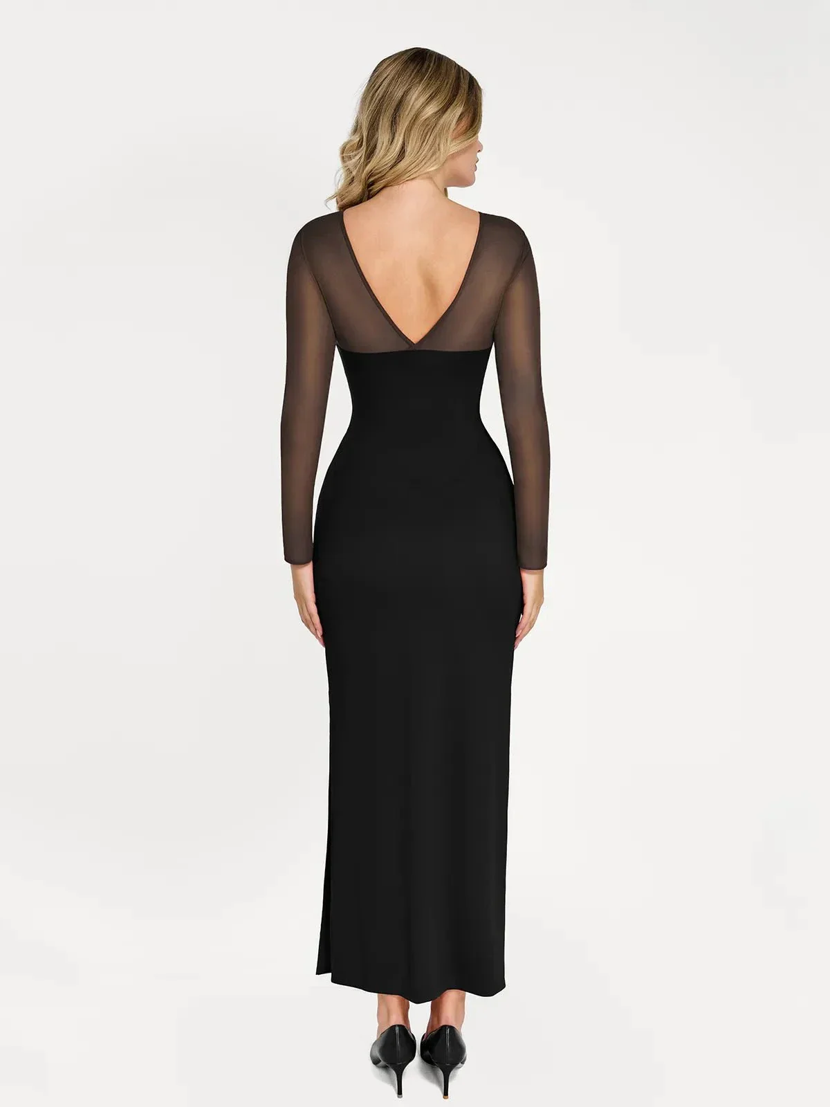 Popilush Shapewear Mesh Long Sleeve V-Back Slimming Maxi Dress - Image 16
