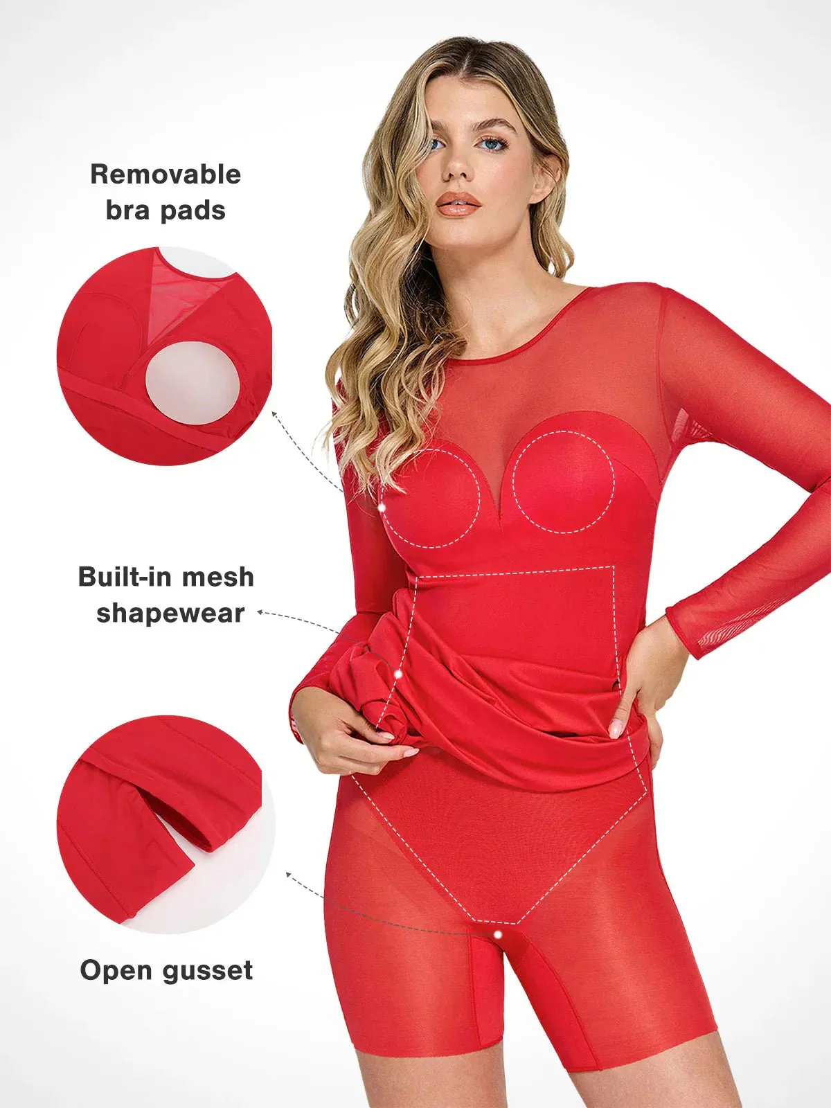 Popilush Shapewear Mesh Long Sleeve V-Back Slimming Maxi Dress - Image 2