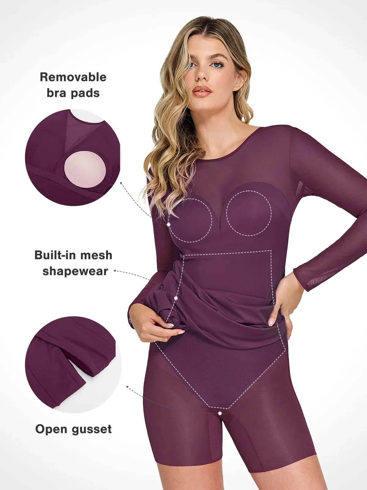 Popilush Shapewear Mesh Long Sleeve V-Back Slimming Maxi Dress - Image 8