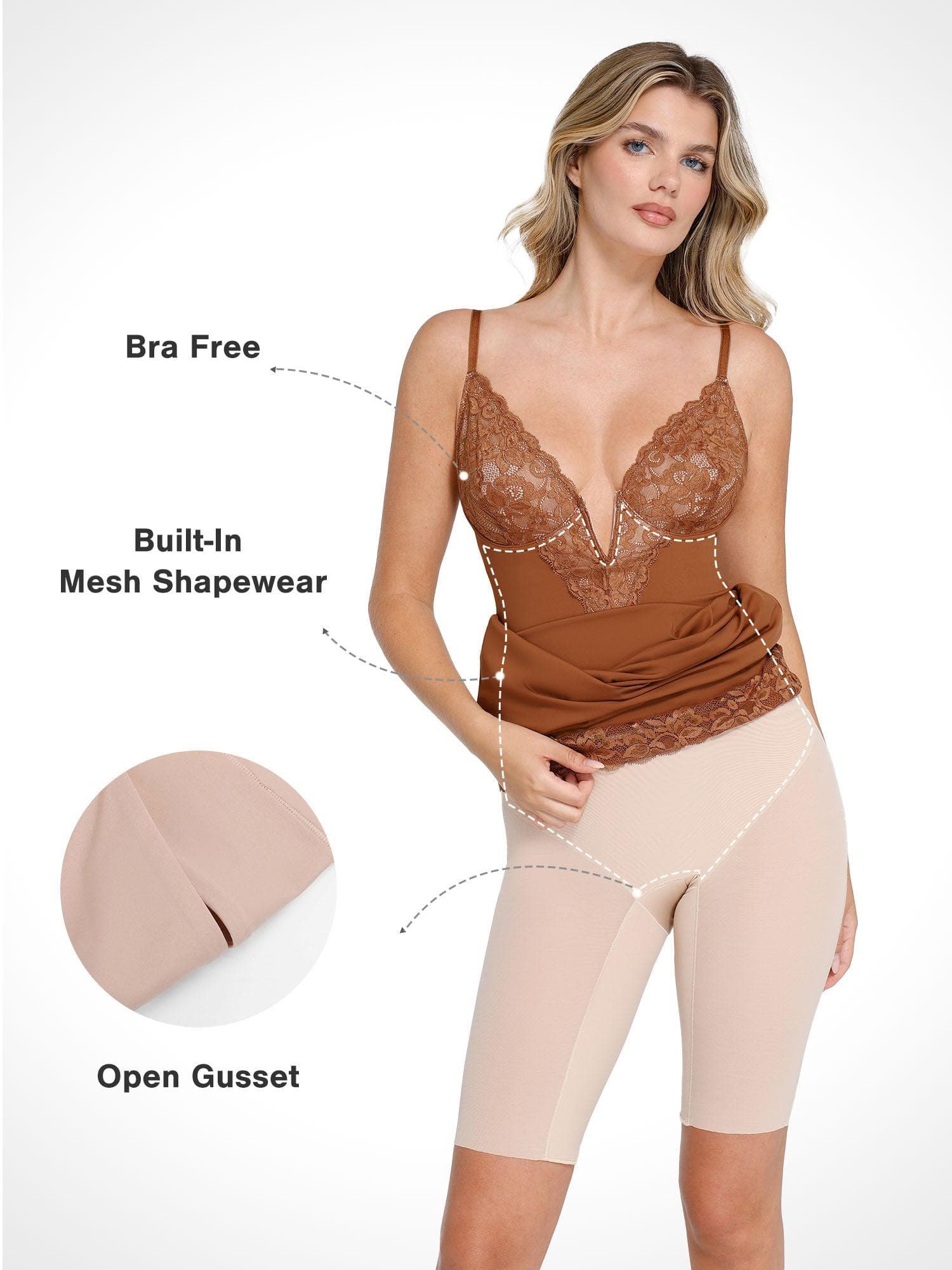 Popilush Shapewear Built-In Sculpting Lace Trim Midi Slip Dress - Image 16
