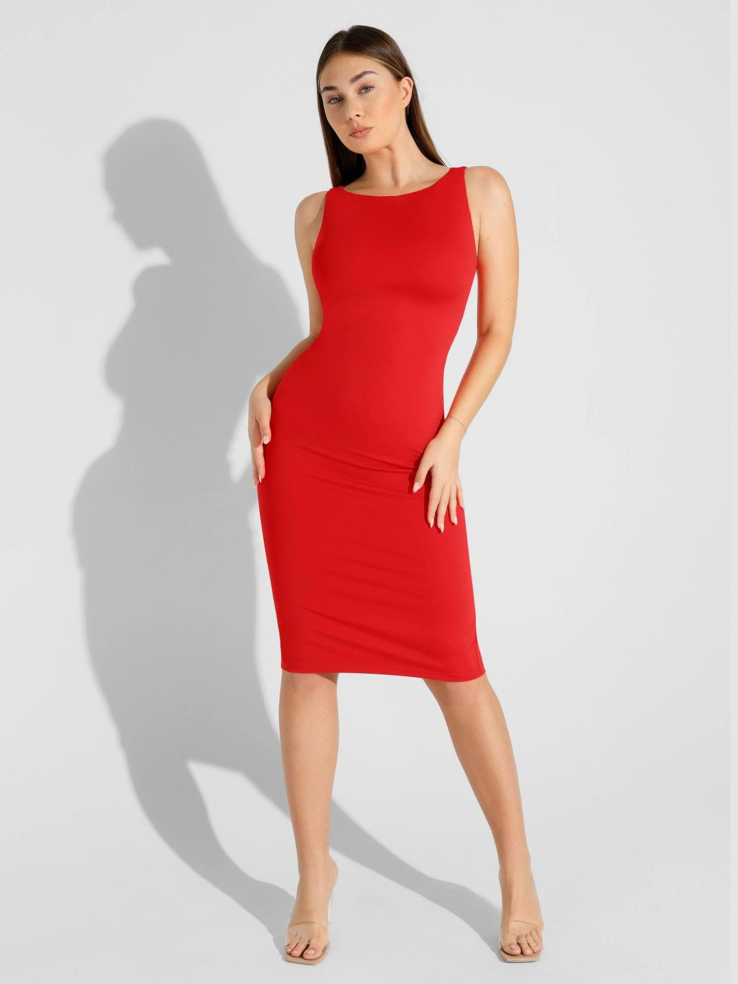Popilush Shapewear Sleeveless Boatneck Sculpting Midi Work Dress - Image 18