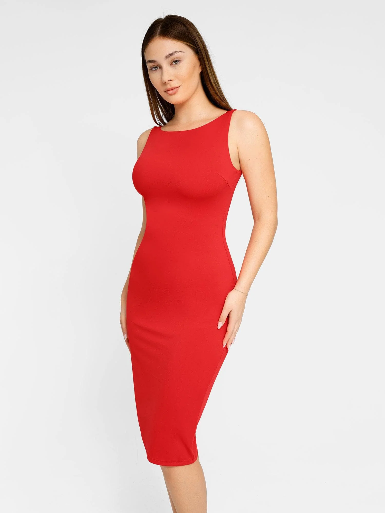 Popilush Shapewear Sleeveless Boatneck Sculpting Midi Work Dress - Image 20