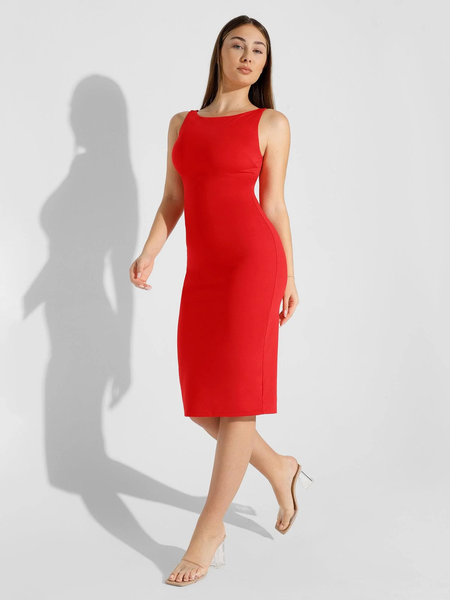 Popilush Shapewear Sleeveless Boatneck Sculpting Midi Work Dress - Image 25