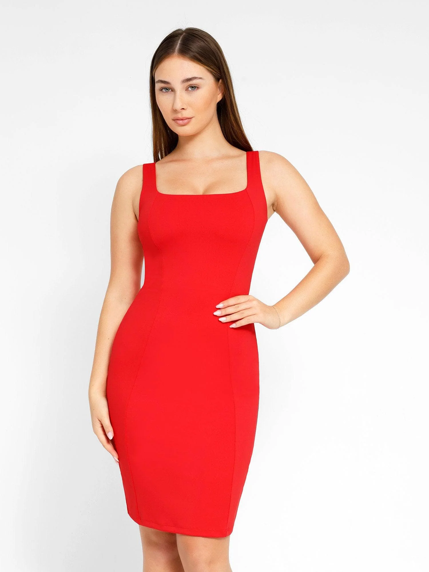 Popilush Shapewear Sleeveless Square Neck Sculpting Midi Work Dress - Image 11